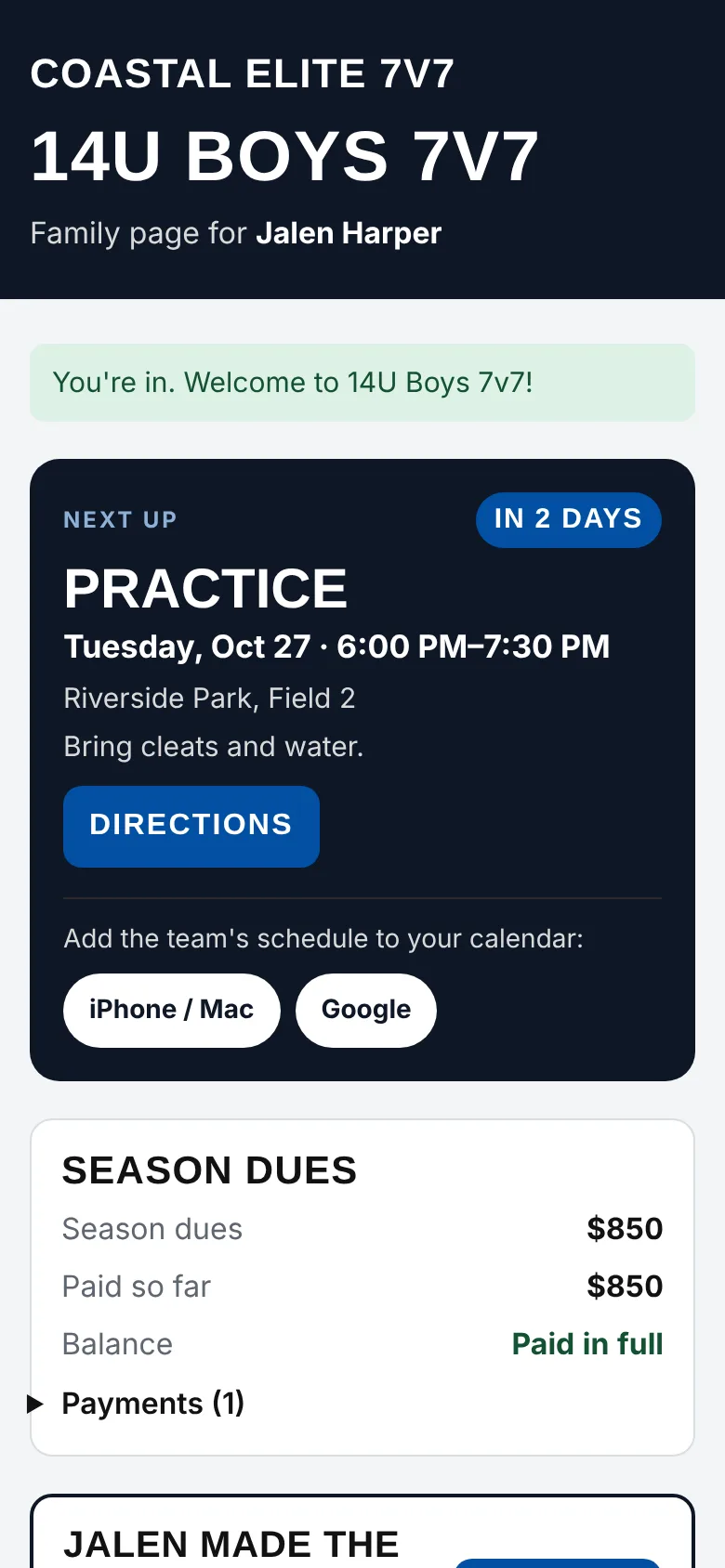 A family's team page: what's next, with directions