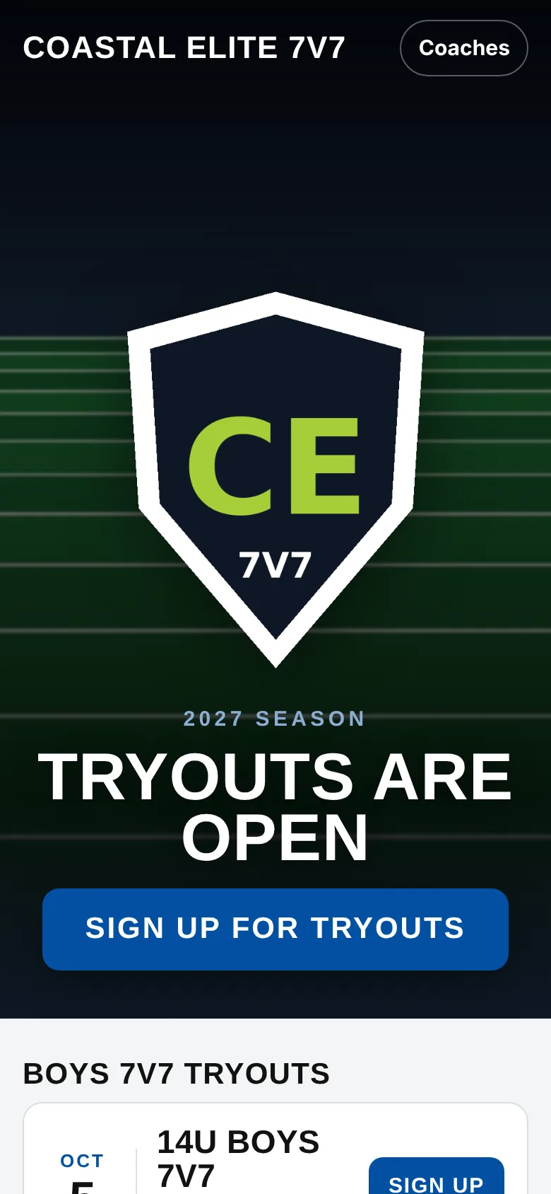 A club's home page: tryouts are open