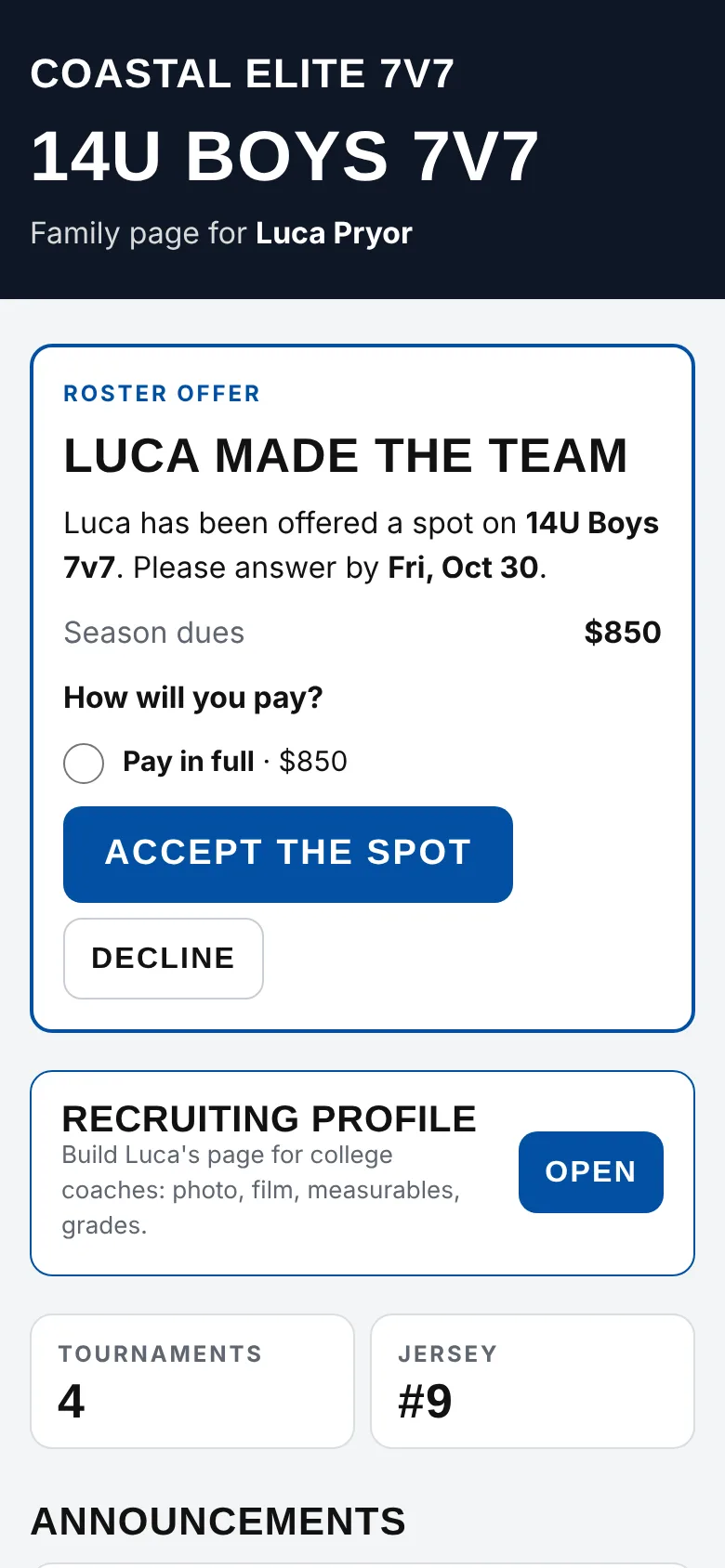 A roster offer with the dues and how to pay