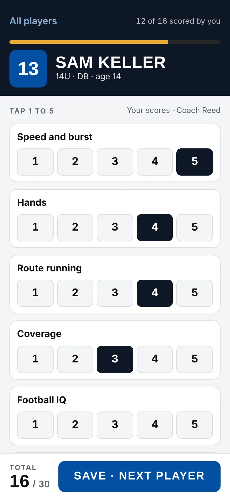 A coach scoring a player 1 to 5 on a phone