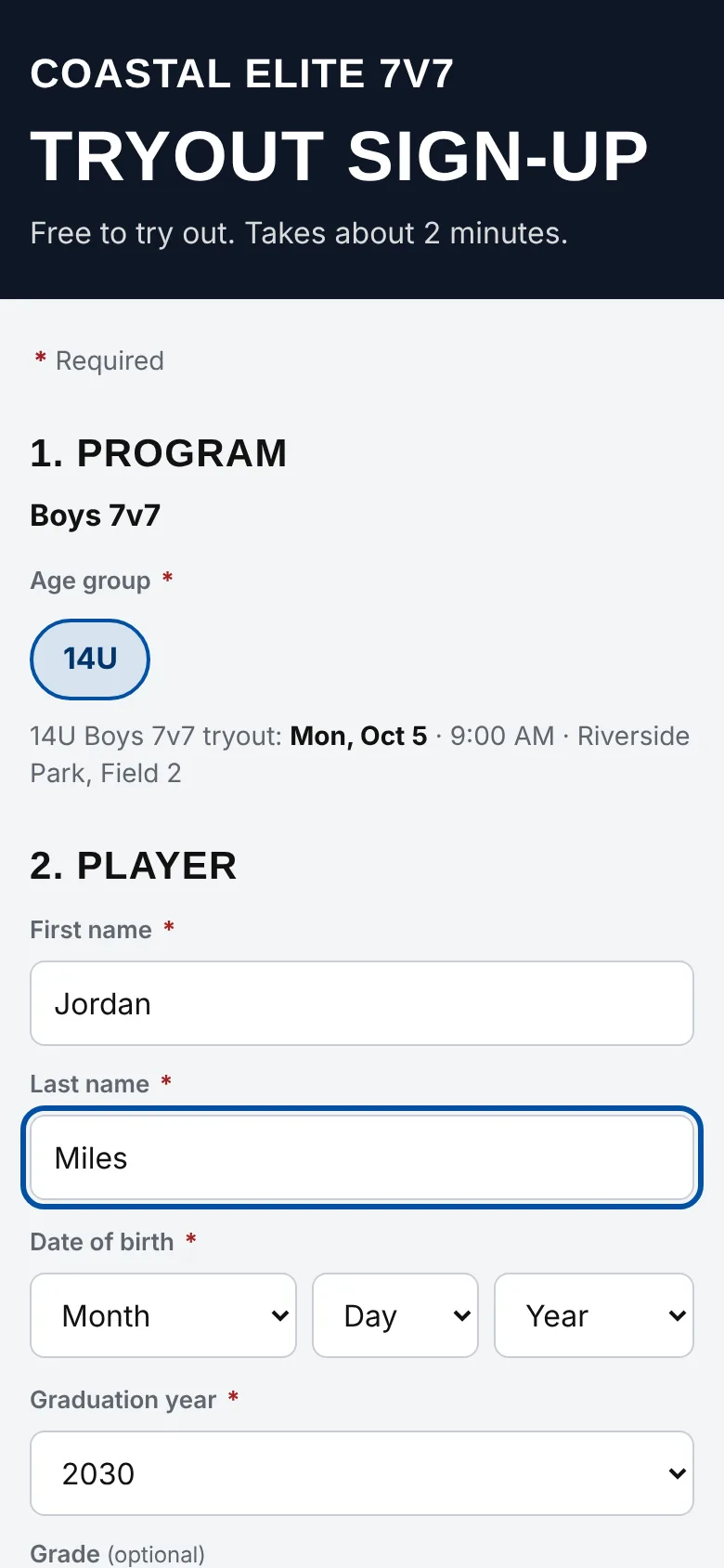 The tryout sign-up form for a 7v7 club