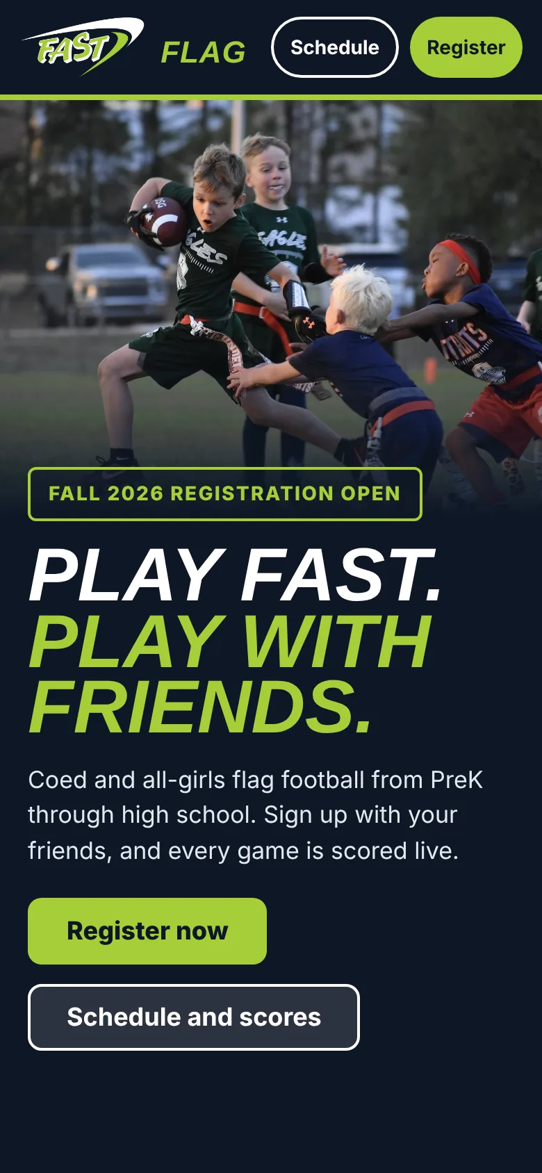A league's home page with its own logo, colors and photos