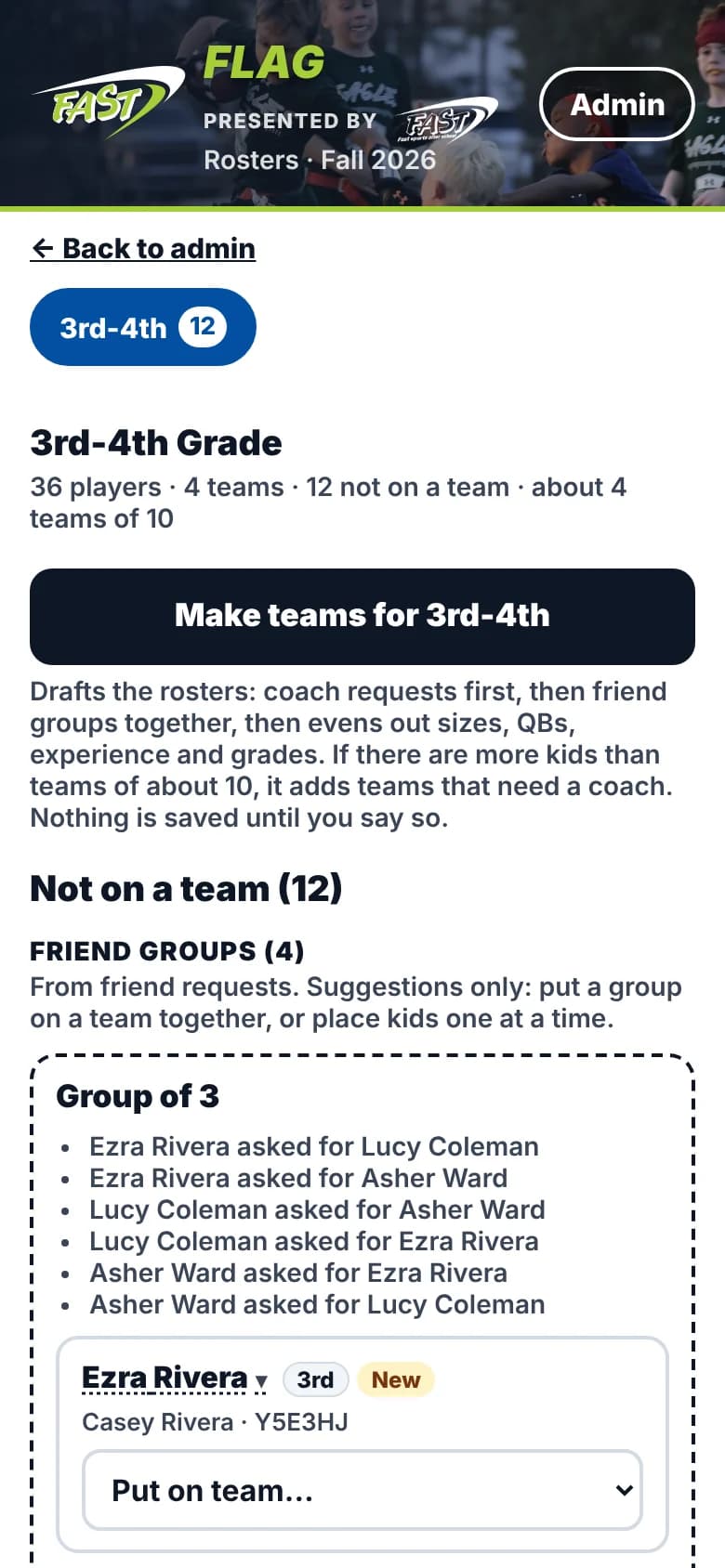 The rosters page showing a friend group of three kids who asked for each other