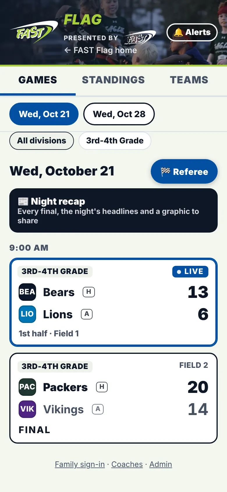 The scores page: Bears 13, Lions 6, live
