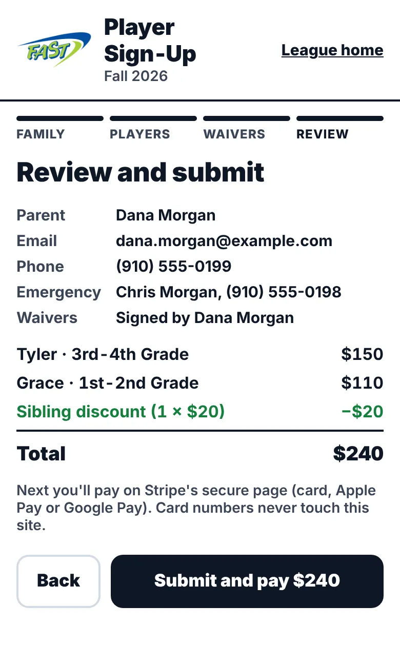 The sign-up review: two kids, a $20 sibling discount and a $240 total